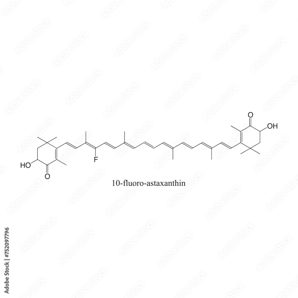 10-fluoro-astaxanthin skeletal structure diagram.Halogenated Carotenoid compound molecule scientific illustration on white background. 10-fluoro-astaxanthin skeletal structure diagram.Halogenated Carotenoid compound molecule scientific illustration on white background.