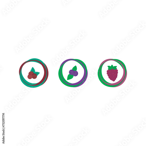 Set of 3 colorful berry (Raspberry, blueberry) icons, simple vector cartoon style illustration elements for product or web design.