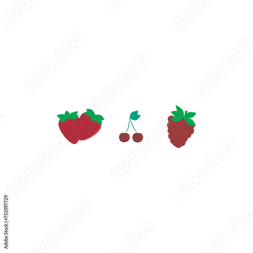 Set of 3 colorful berry (strawberry, cherry, raspberry) icons, simple vector cartoon style illustration elements for product or web design.