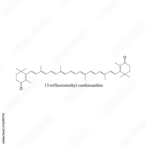 13-trifluoromethyl canthaxanthin skeletal structure diagram.Halogenated Carotenoid compound molecule scientific illustration on white background.