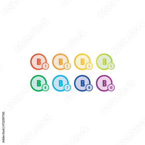 Set of 8 colorful vitamin icons -group B vitamins - B1, B2, B3, B5, B6, B7, B9, B12 - simple icon illustration, graphic element for products, supplements, web design and more.