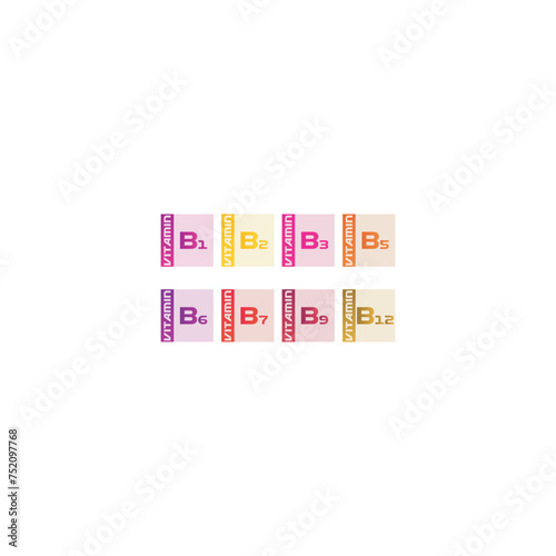 Set of 8 colorful vitamin icons -group B vitamins - B1, B2, B3, B5, B6, B7, B9, B12 - simple icon illustration, graphic element for products, supplements, web design and more.