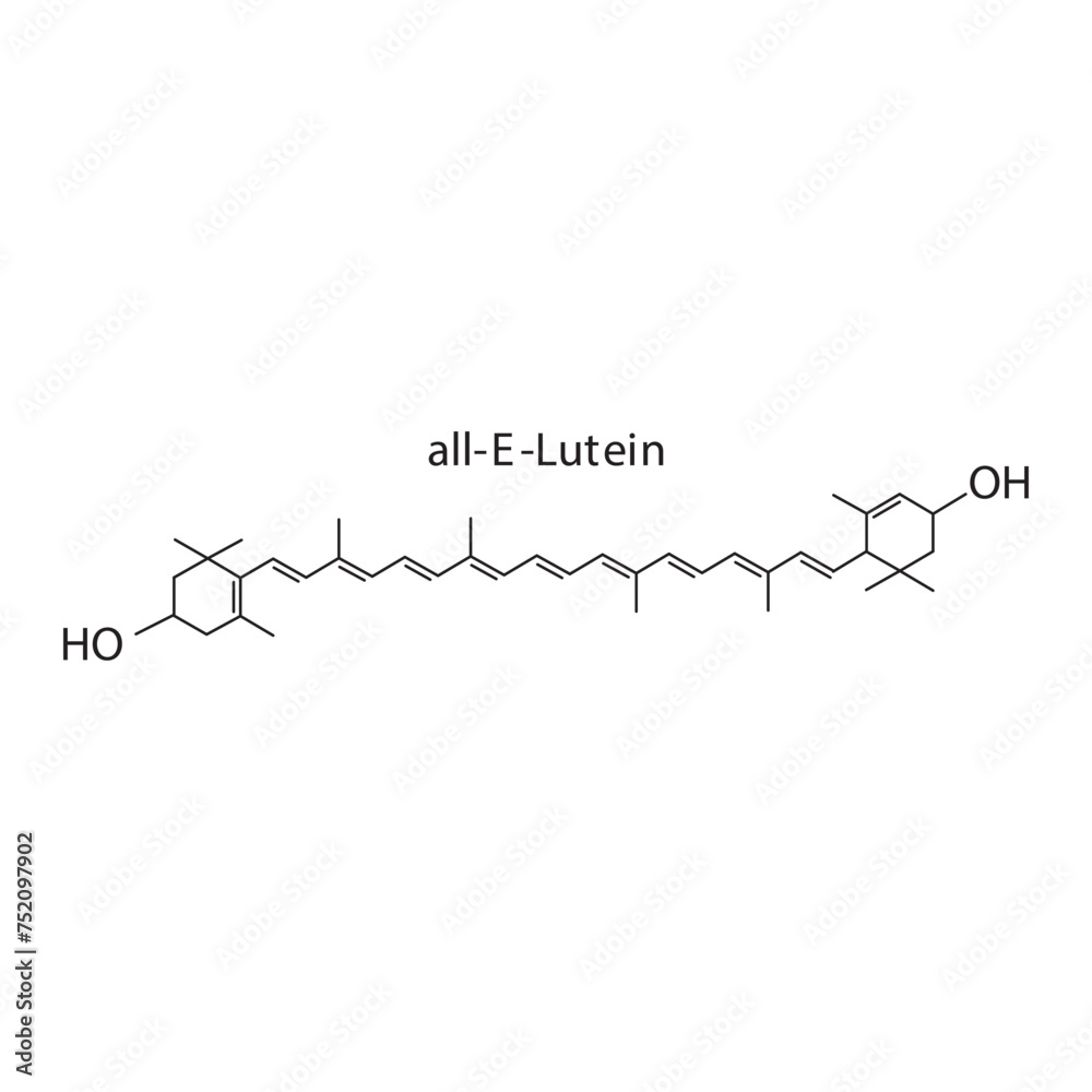 all-E-Lutein skeletal structure diagram.Caratenoid compound molecule scientific illustration on white background.