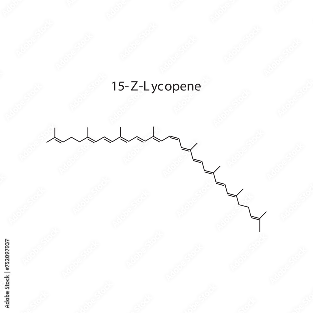 15-Z-Lycopene skeletal structure diagram.Caratenoid compound molecule scientific illustration on white background. 15-Z-Lycopene skeletal structure diagram.Caratenoid compound molecule scientific illustration on white background.
