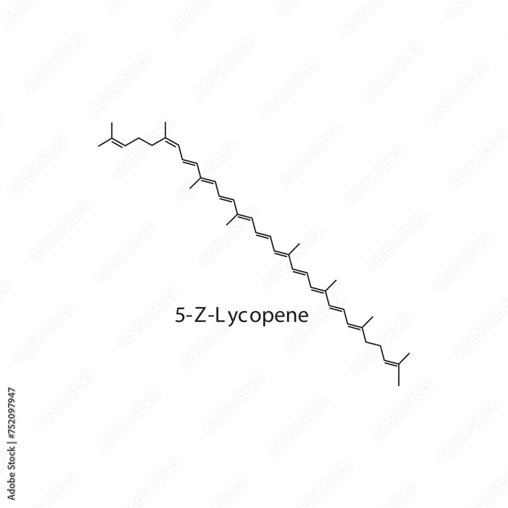 5-Z-Lycopene skeletal structure diagram.Caratenoid compound molecule scientific illustration on white background. 5-Z-Lycopene skeletal structure diagram.Caratenoid compound molecule scientific illustration on white background.