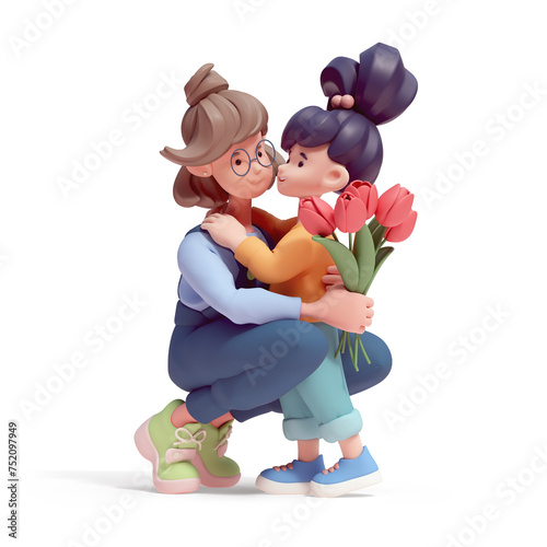 Cute kawaii excited asian smiling child girl hugs young mom, sister gives a bouquet of red tulips with love, support, care, congratulates on holiday. Happy Mother's day. 3d render isolated transparent