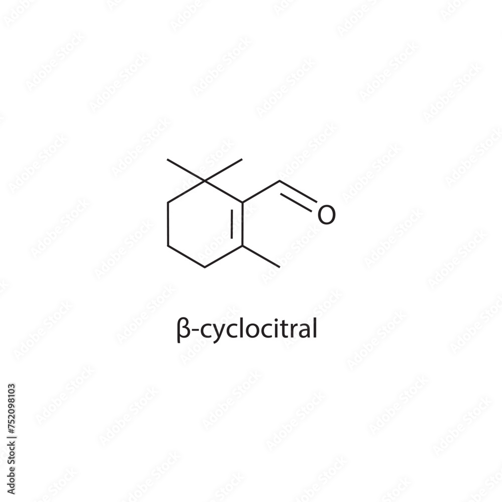 β-cyclocitral skeletal structure diagram.volatile compound molecule scientific illustration on white background. β-cyclocitral skeletal structure diagram.volatile compound molecule scientific illustration on white background.