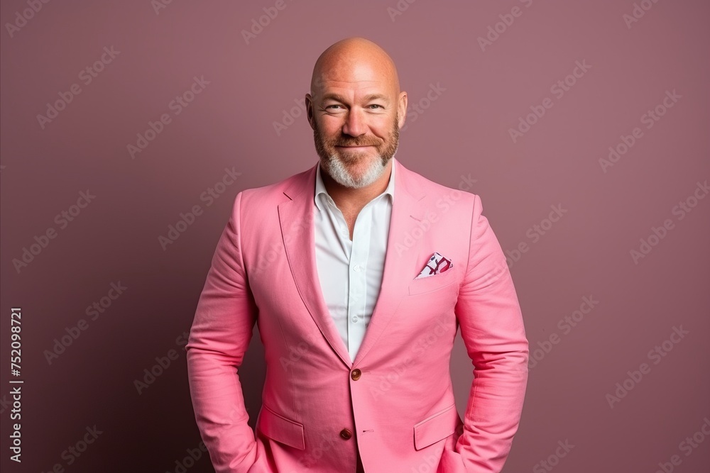Portrait of a happy senior man with pink suit on color background Portrait of a happy senior man with pink suit on color background