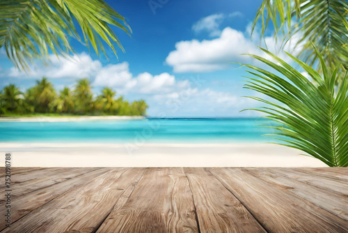 Summer tropical sea with waves  palm leaves and blue sky with clouds. Perfect vacation landscape with empty wooden table  