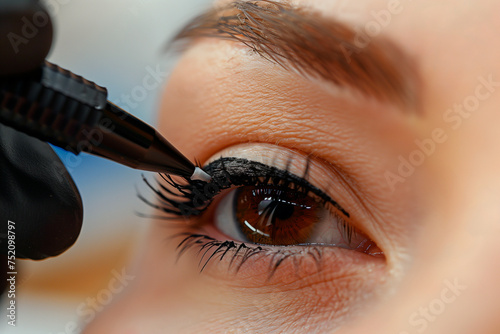 Eyelash extension procedure in a beauty salon. Close-up