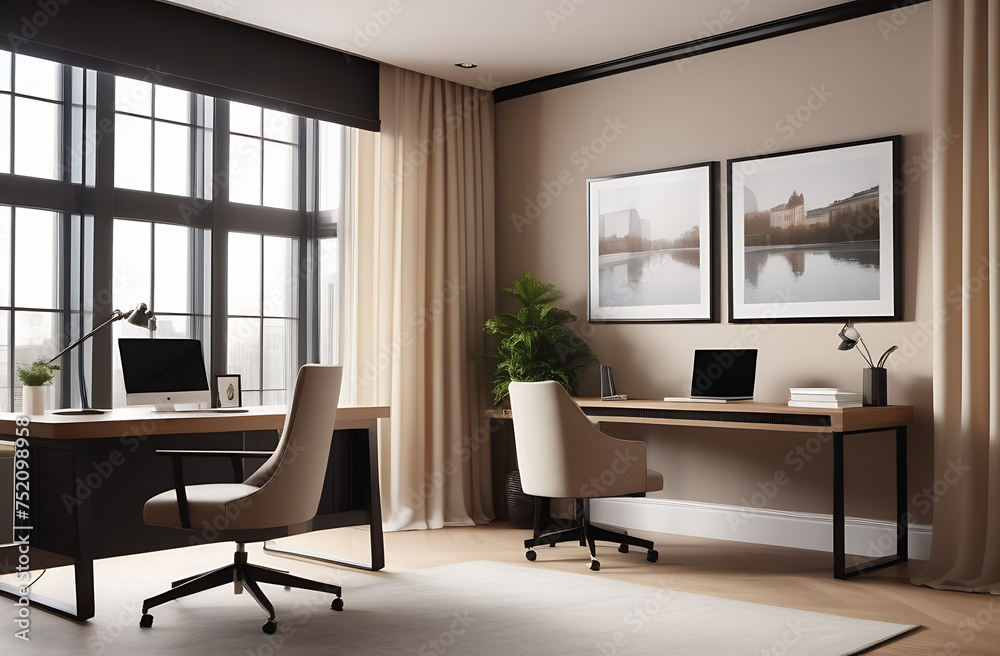 Modern beige interior of workplace in light colour with big window, desk, computer, and chair Modern beige interior of workplace in light colour with big window, desk, computer, and chair