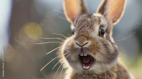Closeup of a happy rabbit showing its open mouth and whiskers in nature