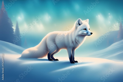 White arctic fox  Vulpes Lagopus  in the snow in the Arctic. Snow Fox