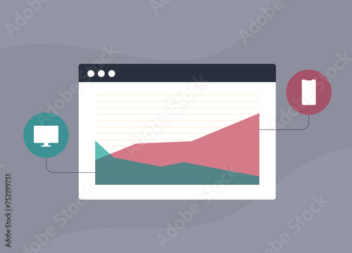 Mobile vs Desktop Usage Statistics. Mobile data traffic growth rates. SEO Mobile-first indexing - optimize marketing for mobile traffic. Vector illustration on grey background with icons