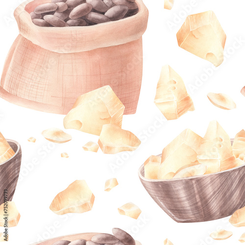 Watercolor seamless pattern with cocoa butter, hat and bowl isolated.