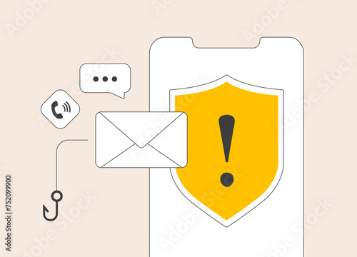 Fraud alert notification shows mobile phishing and email scam warning on smartphone. Fraud alert displays malware risk message, spam call detection and cybersecurity awareness vector illustration