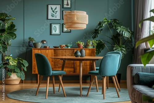 Interior of modern cozy living room with dining area. Green walls with posters, round wooden dining table and green chairs on a round carpet, many indoor plants. photo