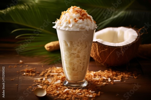 A creamy Pina Colada drink served on a table with whipped cream and toasted coconut flakes sprinkled on top