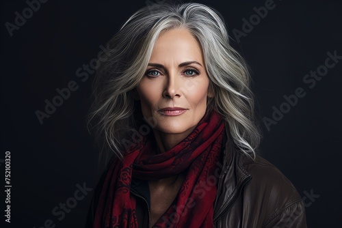 Portrait of a beautiful middle-aged woman with a red scarf.