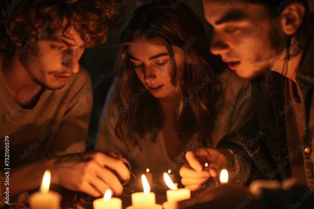 A group of friends lighting candles in memory of their departed friend, faces illuminated by flickering flames A group of friends lighting candles in memory of their departed friend, faces illuminated by flickering flames