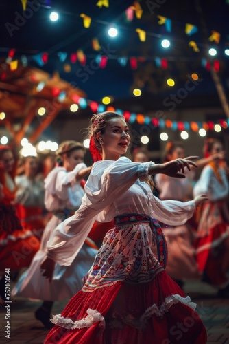 A woman dressed in a vibrant red and white dress is dancing gracefully, capturing attention with her movements and colorful attire. The energy and passion in her performance are palpable