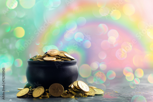A black pot filled with gold coins rests at the end of a rainbow against a pastel bokeh background