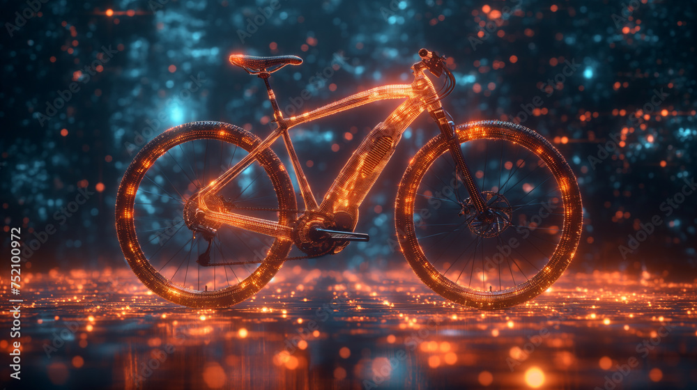 The neon bicycle in digital background. digital bike concept. future technology growing concepts.