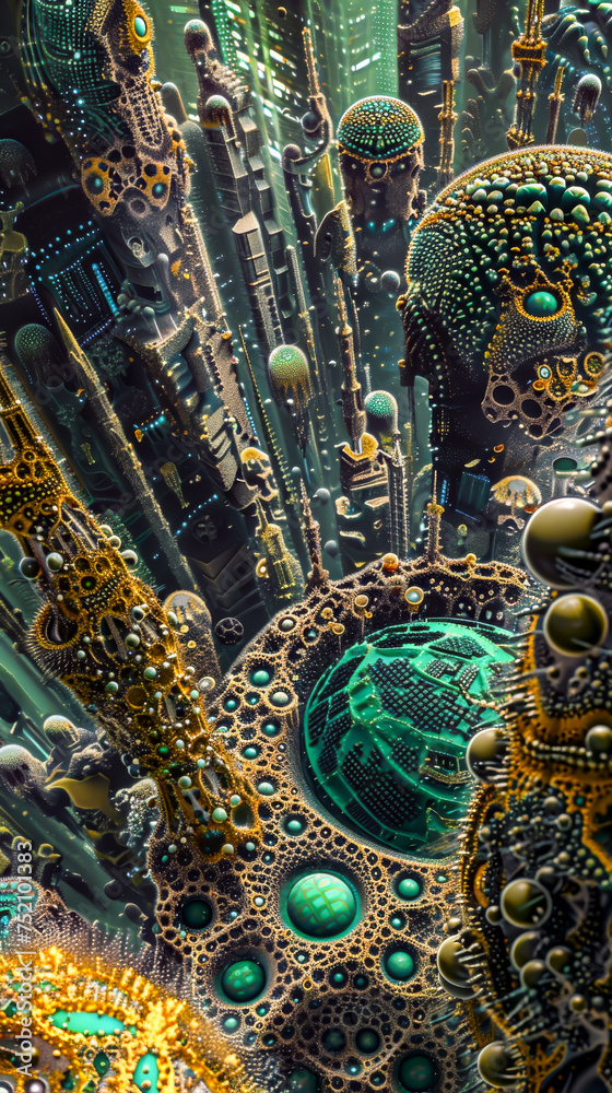 A cityscape inspired by cellular structures and organic shapes. biopunk, mobile phone wallpaper,