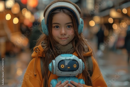 Girl in an Orange Jacket and Headphones Holds a Robot.