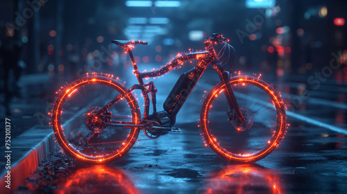 The neon bicycle in digital background. digital bike concept. future technology growing concepts. photo