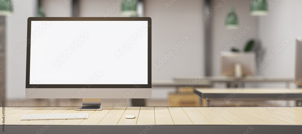 Creative designer desk with empty white mock up computer montior, supplies and blurry office interior in the background. 3D Rendering. Creative designer desk with empty white mock up computer montior, supplies and blurry office interior in the background. 3D Rendering.