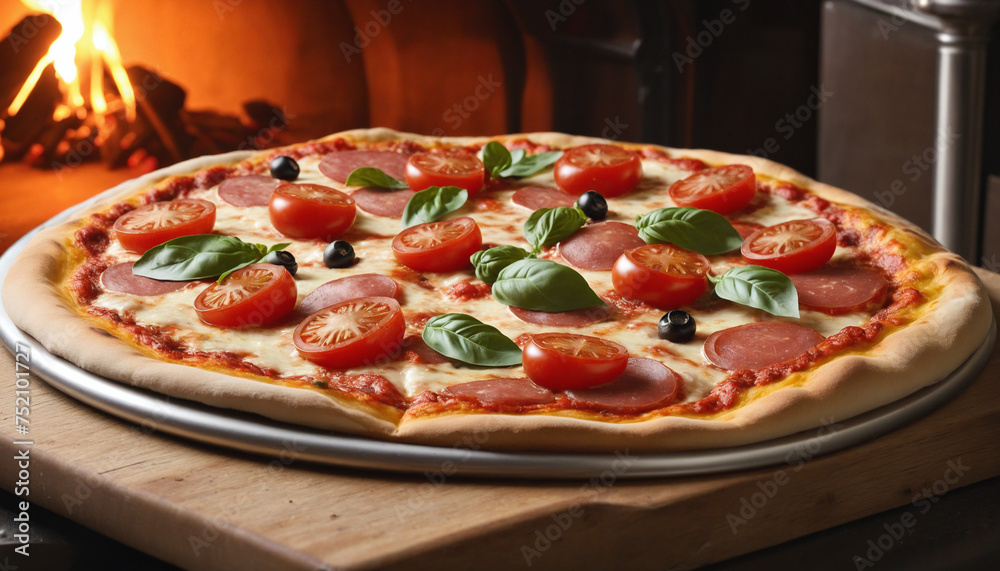 Delicious homemade Italian pizza made in a wood-fired oven