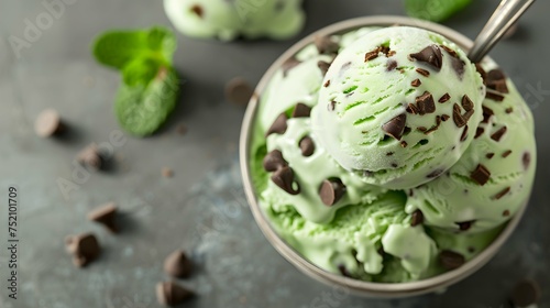 Organic Green Mint Chocolate Chip Ice Cream with a Spoon. with copy space image. Place for adding text or design