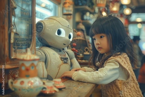 Little Girl Engages in an Interactive Game with a Robot in a Playroom