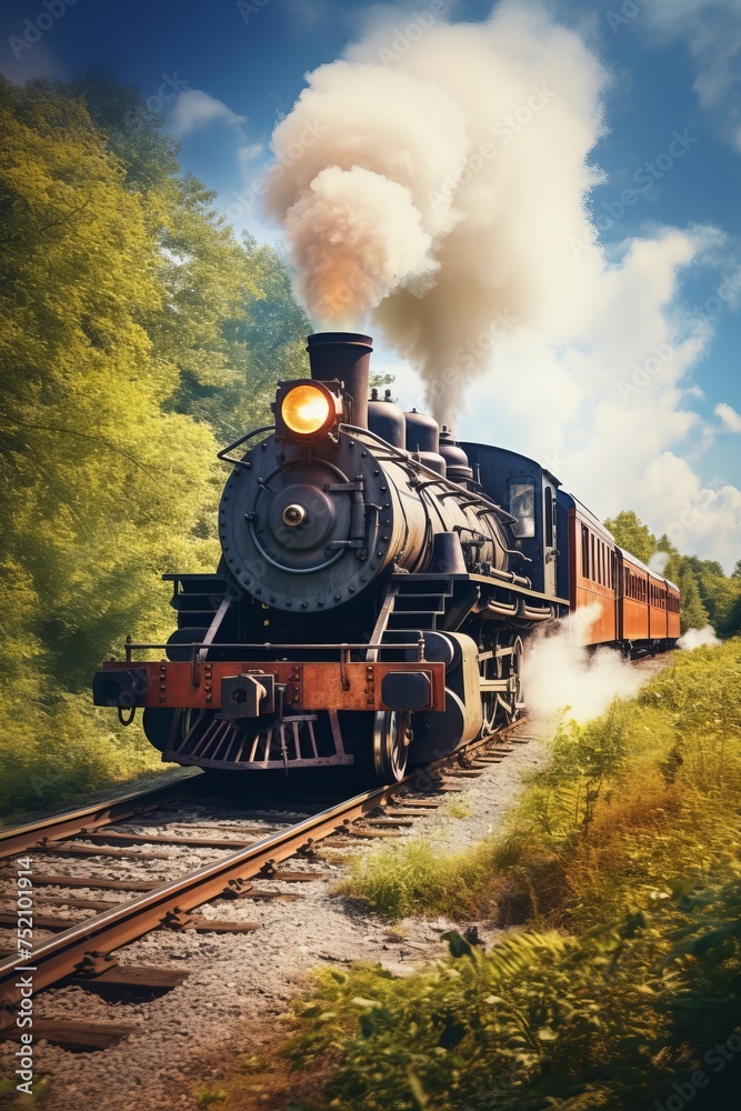 Obraz premium An antique steam-powered locomotive is seen chugging down train tracks surrounded by a lush green forest. The train is in motion, moving through the vibrant greenery of the forest