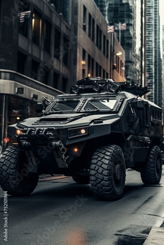 An armored security vehicle from VetalVit Company is seen patrolling the city streets. The vehicle is driving down a bustling city street, showcasing its protective design and advanced features