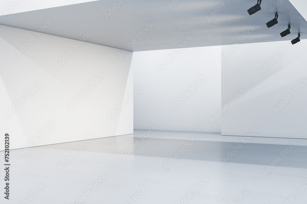 White gallery interior with mock up place on walls. 3D Rendering. - obrazy, fototapety, plakaty 
