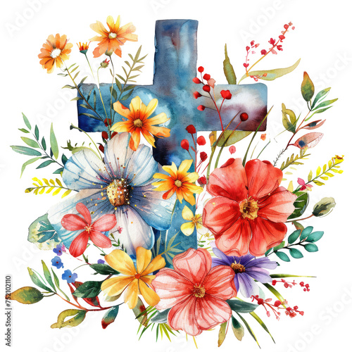 Easter illustration showing a cross and spring flowers