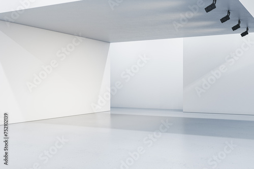 White gallery interior with mock up place on walls. 3D Rendering.