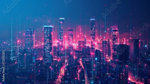 Glowing light connection design in futuristic smart city setting
