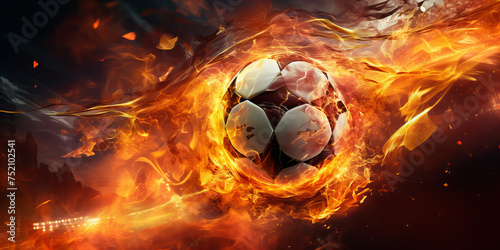 A close up of the soccer ball in the flame of fire .