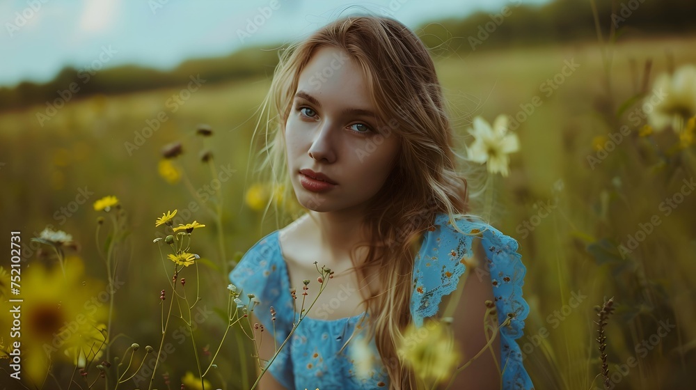 portrait of young blonde woman in blue dress with flowers portrait of young blonde woman in blue dress with flowers