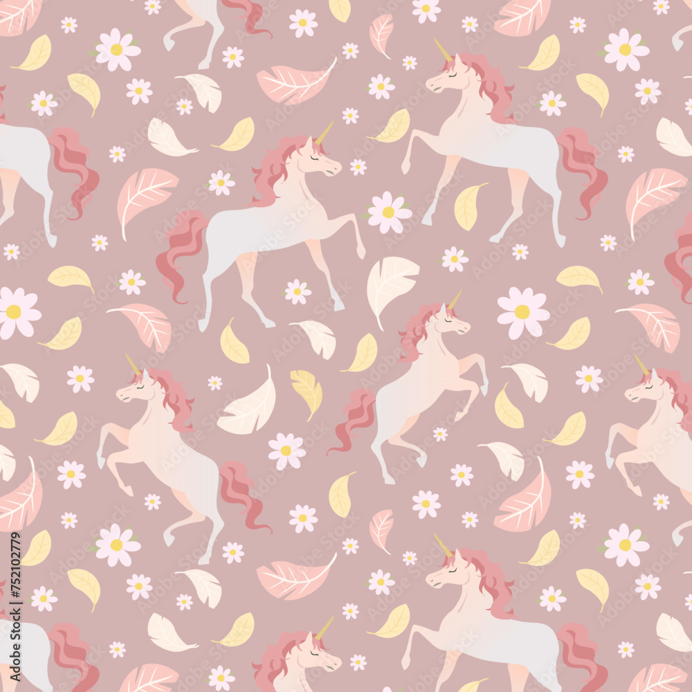 Seamless vector pattern with cute unicorns on floral background. Perfect for textile, wallpaper or print design.