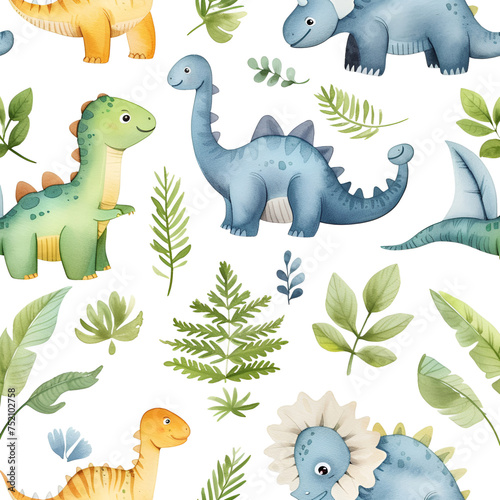 Seamless watercolor pattern with funny smiling dinosaurs and fern on white background. Design for wallpapers  wrapping paper  poster or cover. AI Generative