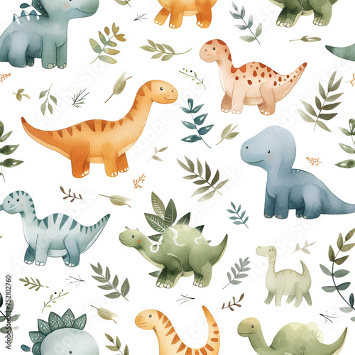 Seamless watercolor pattern with funny smiling dinosaurs and fern on white background. Design for wallpapers  wrapping paper  poster or cover. AI Generative