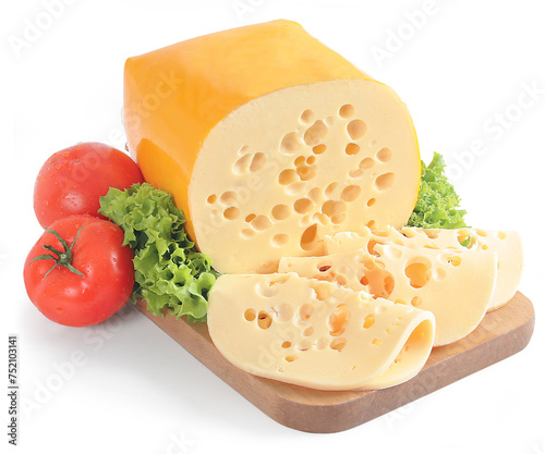Yellow cheese with lettuce on a white background