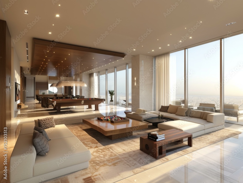 A large living room with a pool table and a lot of couches. Generative AI. A large living room with a pool table and a lot of couches. Generative AI.