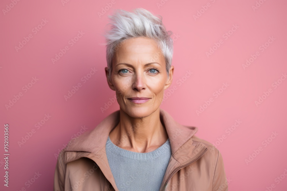 Portrait of a beautiful mature woman with short white hair looking at the camera on a pink background Portrait of a beautiful mature woman with short white hair looking at the camera on a pink background