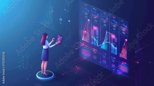 Woman engaging with statistical analysis and diagram - isometric vector design for data analysis, network infrastructure, and visualization trends