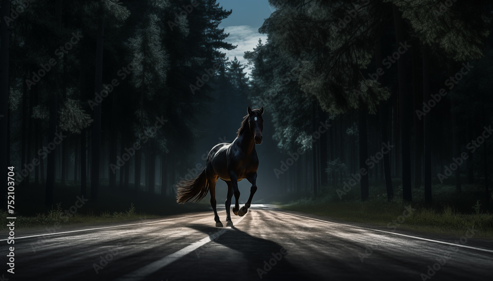 A black horse with a white spot on its forehead gallops along an asphalt road with forest on both sides on a sunny day A black horse with a white spot on its forehead gallops along an asphalt road with forest on both sides on a sunny day